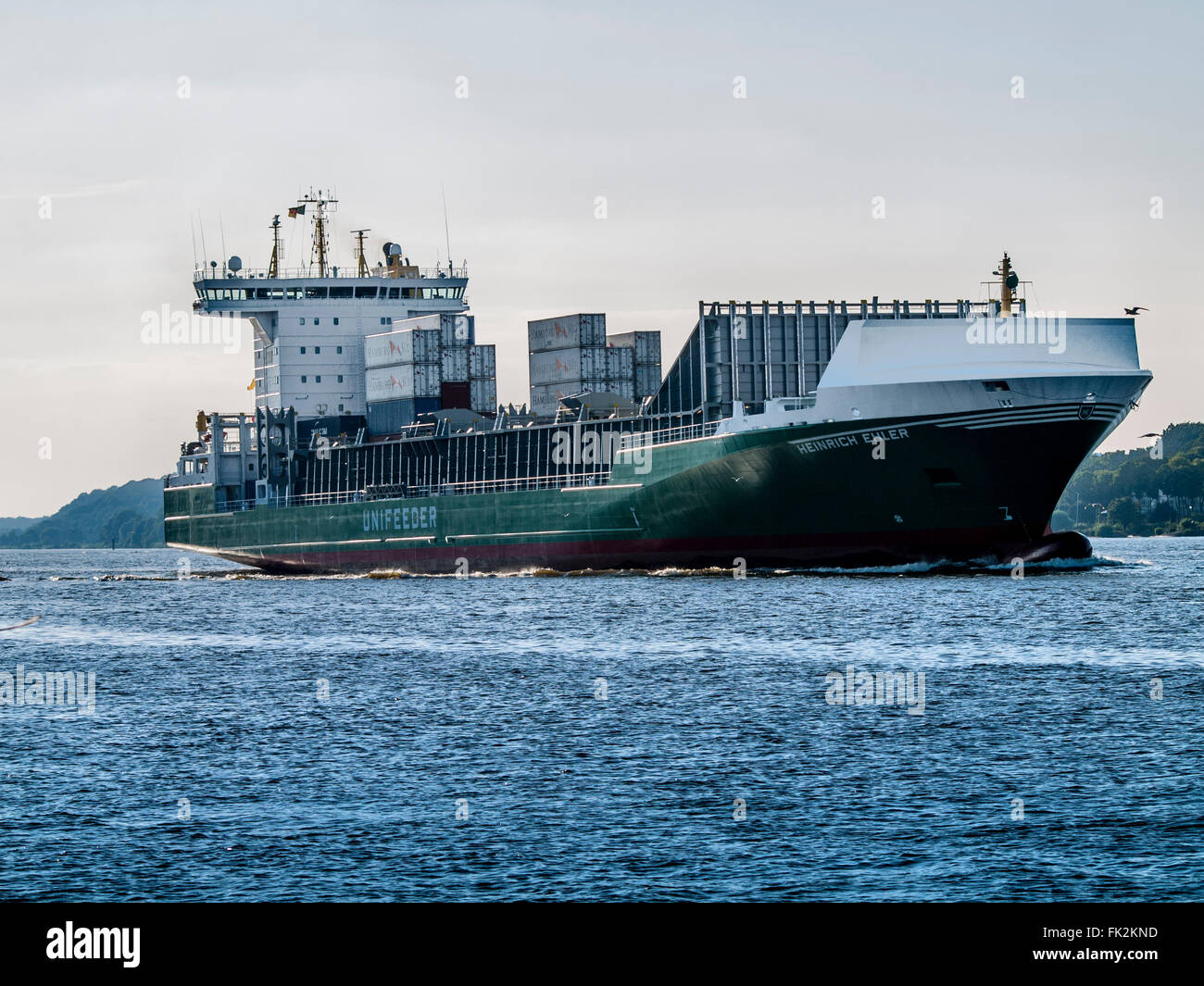 Feeder vessel Heinrich Ehler on the Elbe calling at the Port of Hamburg. Stock Photo