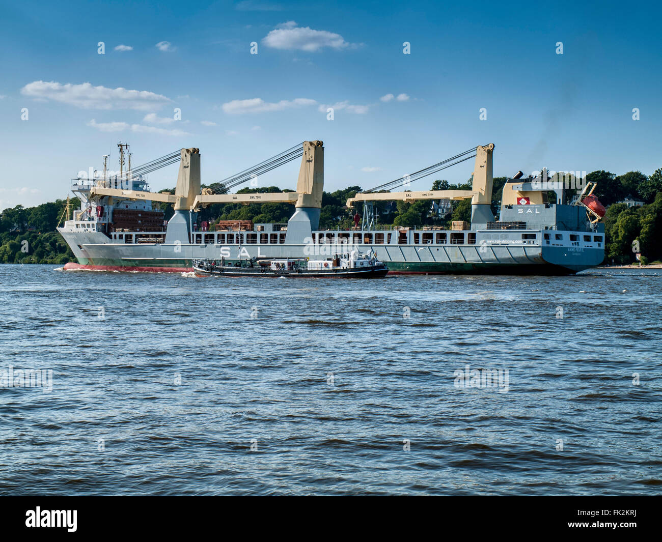 Multipurpose ship Anne-Sofie on the Elbe outbound from the Port of Hamburg, Germany. Stock Photo
