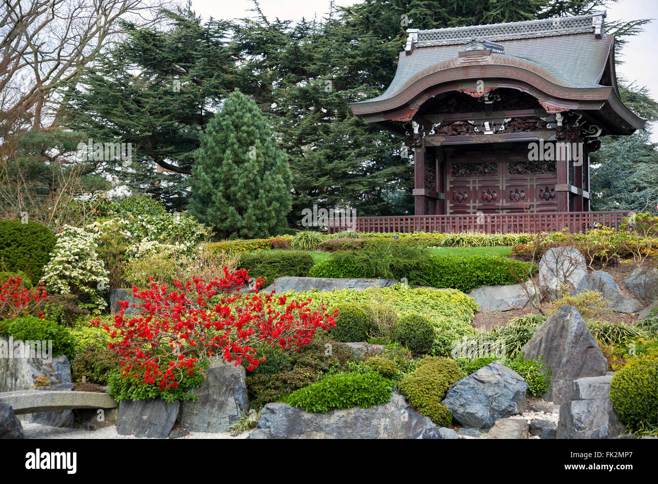 Japanese landscape garden and Japanese Gateway at Kew Gardens, London, UK Stock Photo