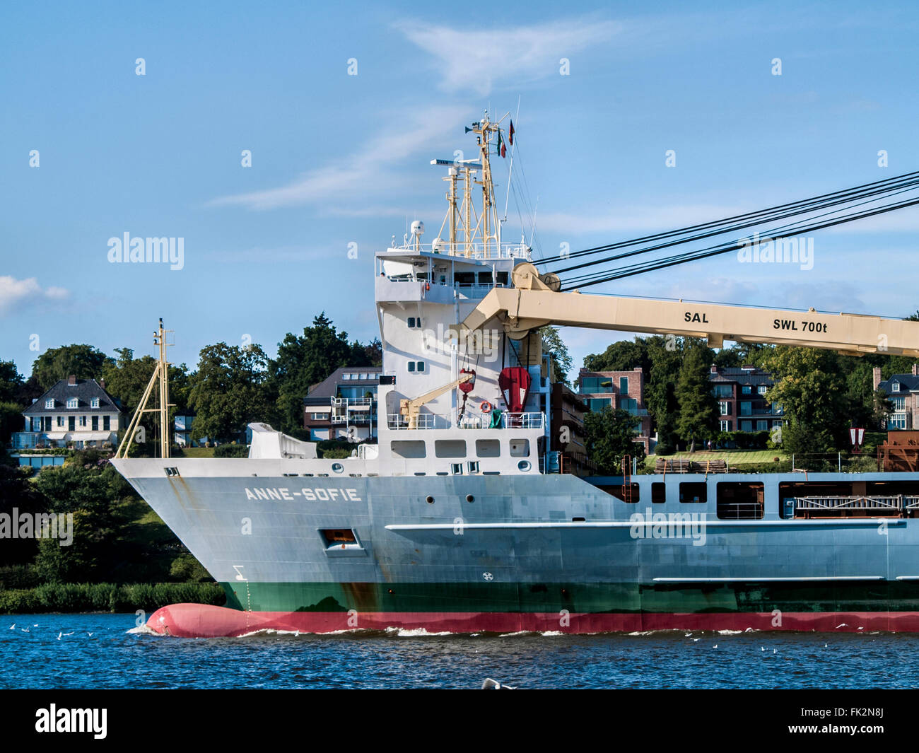 Multipurpose ship Anne-Sofie on the Elbe outbound from the Port of Hamburg, Germany. Stock Photo