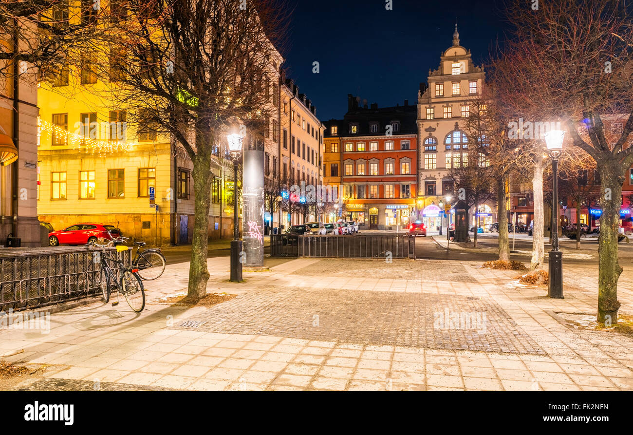 Evening view of Kornhamnstorg square, in Gamla Stan, the old town of Stockholm, Sweden Stock Photo
