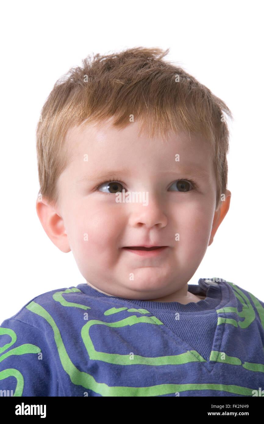 Portrait Of ATimid Toddler Boy on white background Stock Photo
