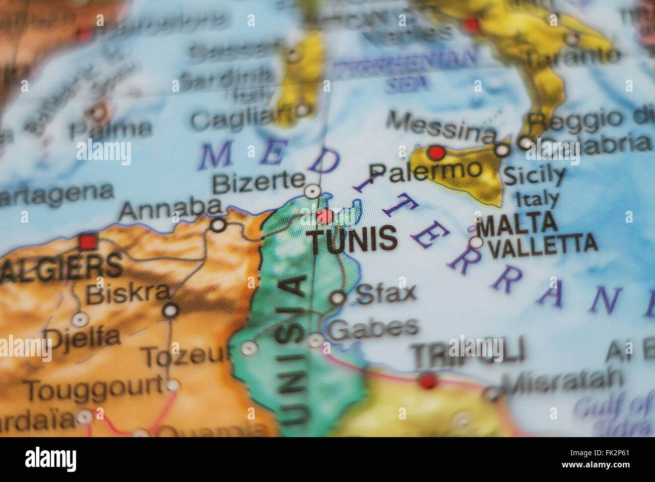 Beautiful photo of a map of Tunisia and the capital Tunis . Stock Photo