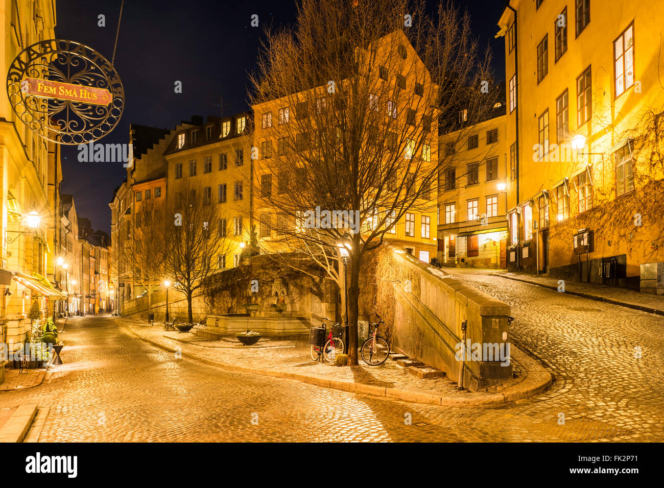 The junction of Österlånggatan, left and Köpmanbrinken (right) in Gamla Stan, the old town of Stockholm., Sweden Stock Photo