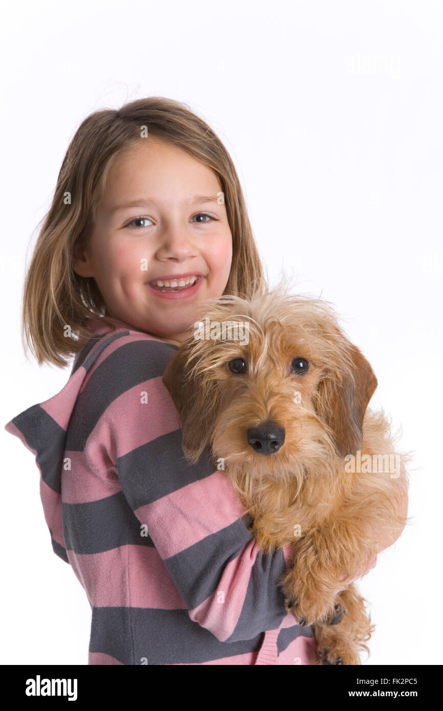 Portrait Of A Little Girl And Her Pet Dog On White Background Stock ...