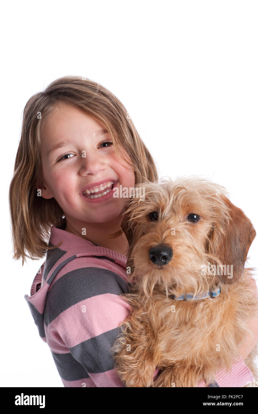 Portrait Of A Little Girl And Her Pet Dog On White Background on white ...