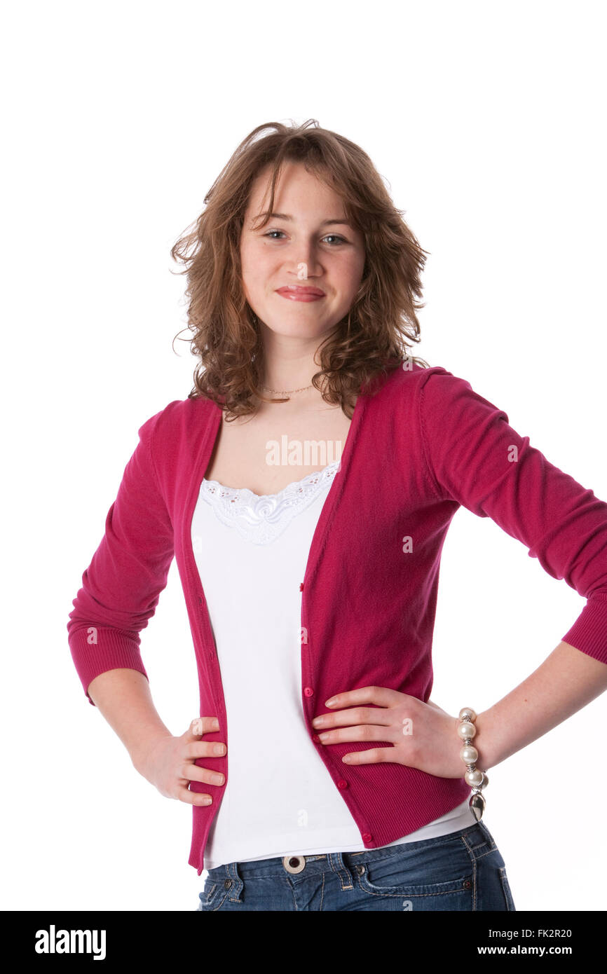 Teenage girl with an expression of self-confidence on white background Stock Photo