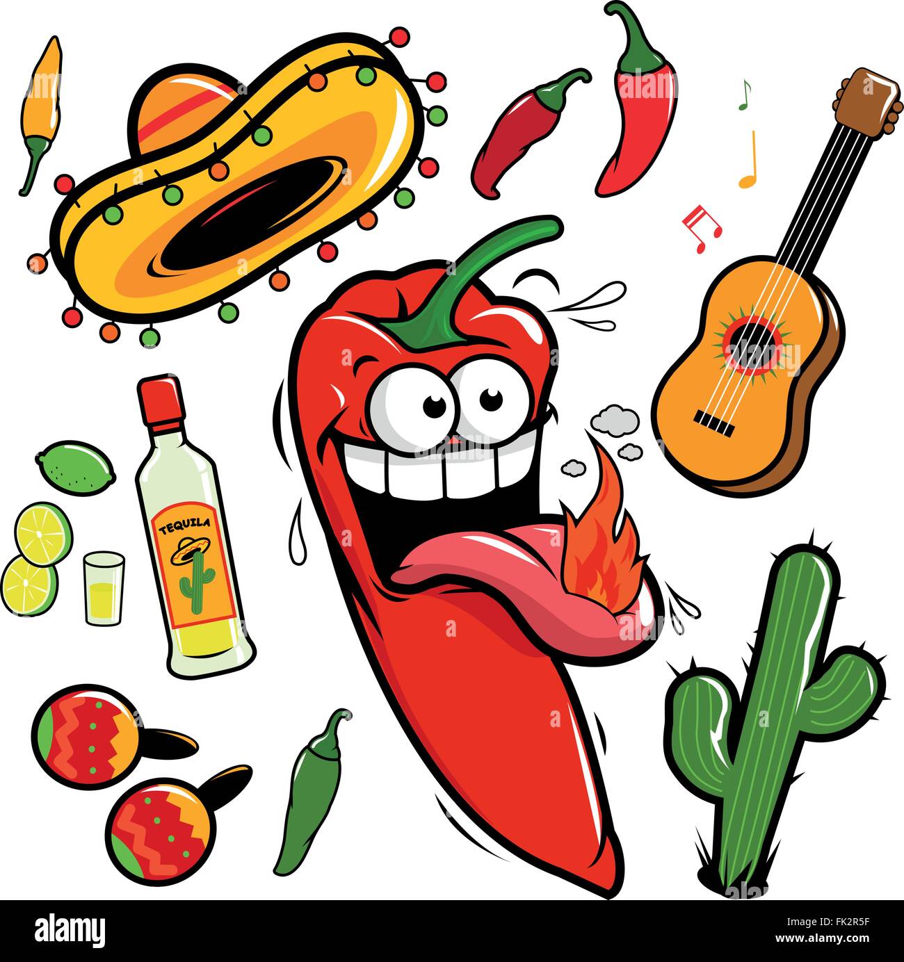 Mariachi chili pepper Mexican icon collection. Stock Vector