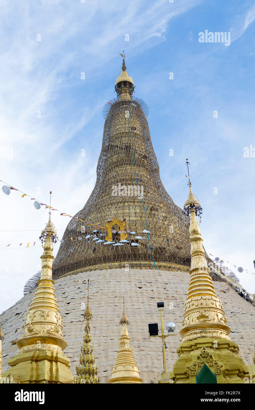 Asia, Southeast Asia, Myanmar, the Shwedagon pagoda covered in bamboo scaffold Stock Photo