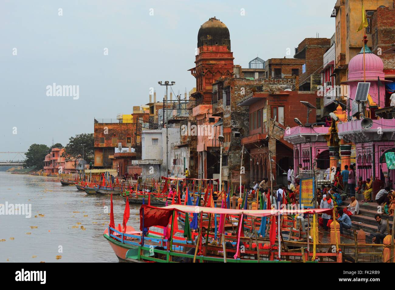 Boats and people at Yamuna bank in Mathura, New Delhi, India, Asia Stock Photo