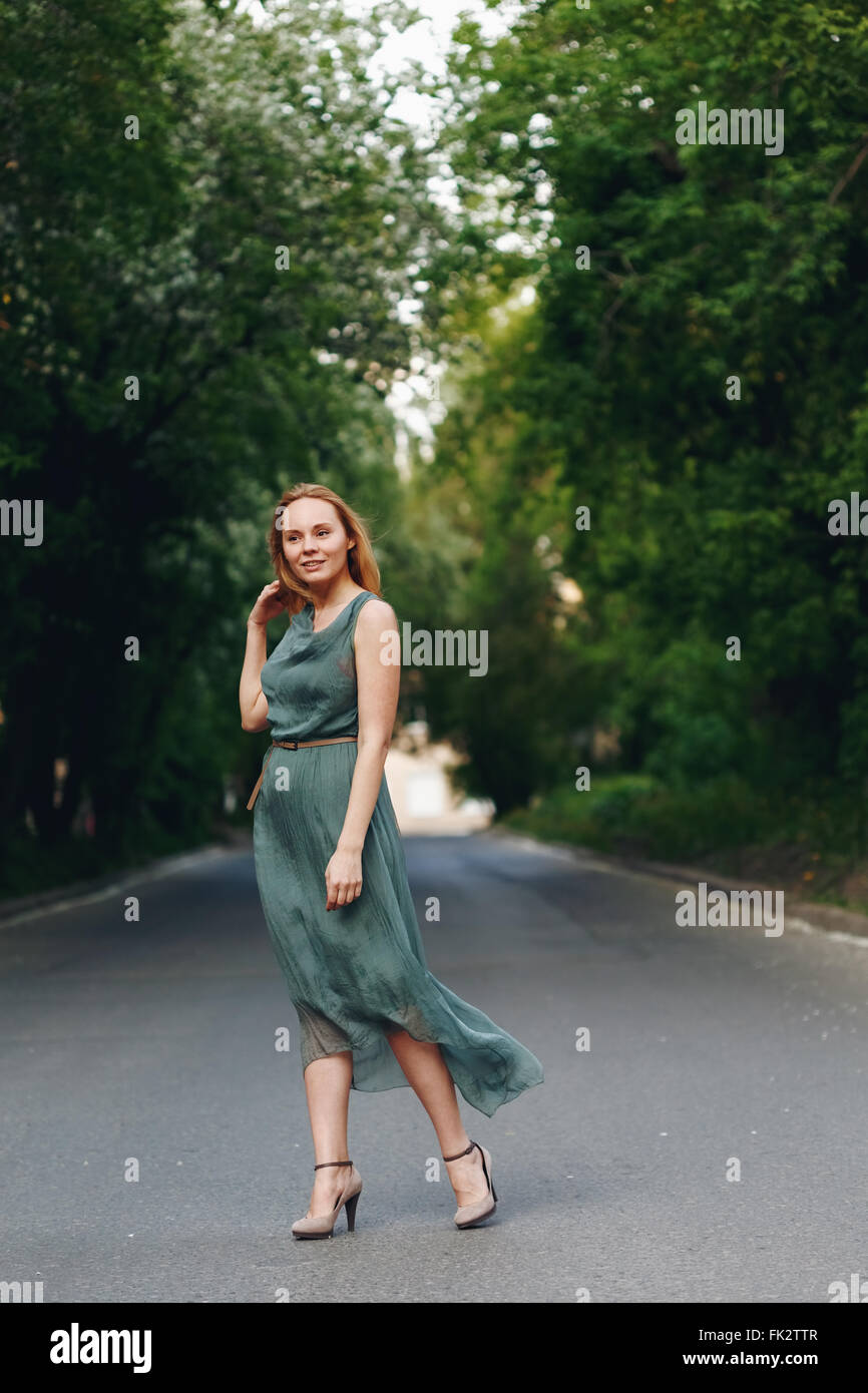 Freedom Young Woman Standing on the Road Alone in Summer Evening ...