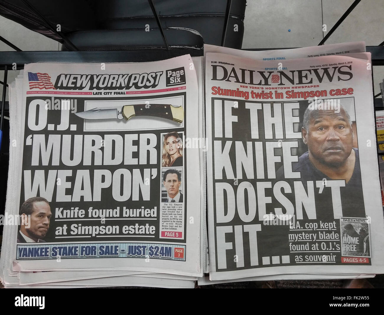 The New York Post and Daily News report on Saturday, March 5, 2016 about the knife found on O.J.Simpson's estate which ended up not being the knife involved in the Nicole Brown Simpson, Ron Goldman murders. (© Richard B. Levine) Stock Photo