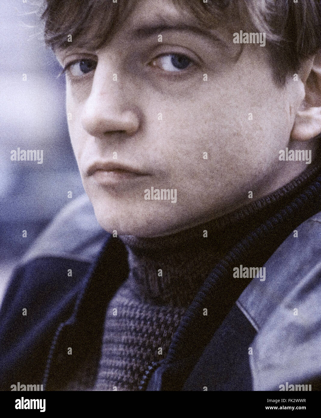 Mark E Smith, punk rocker, singer with the Fall photographed outside the Victoria and Albert museum in South Kensington, London, in the early 1990s. Scan from Agfa 1000RS slide film. Stock Photo