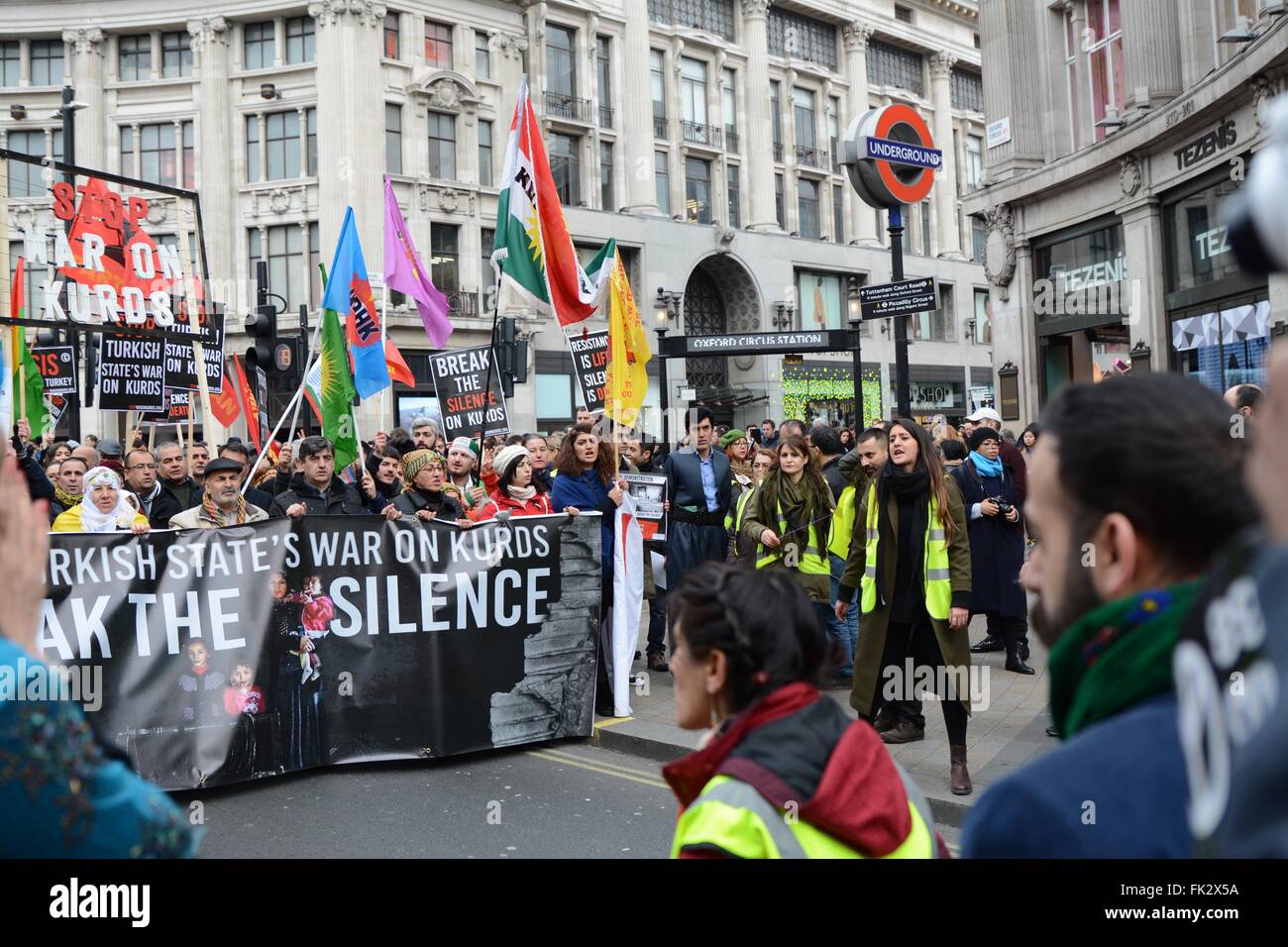 London, UK. 6th March 2016. Protesters march down Regent's street past Oxford Circus Tube Station. Credit:  Marc Ward/Alamy Live News Stock Photo