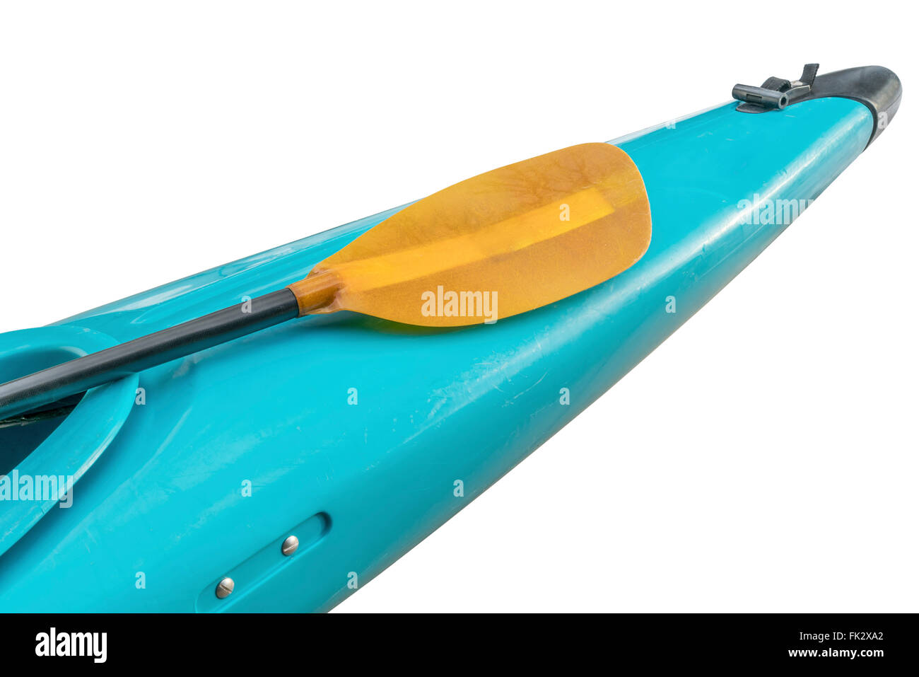 a bow of used old style blue plastic whitewater kayak with a paddle
