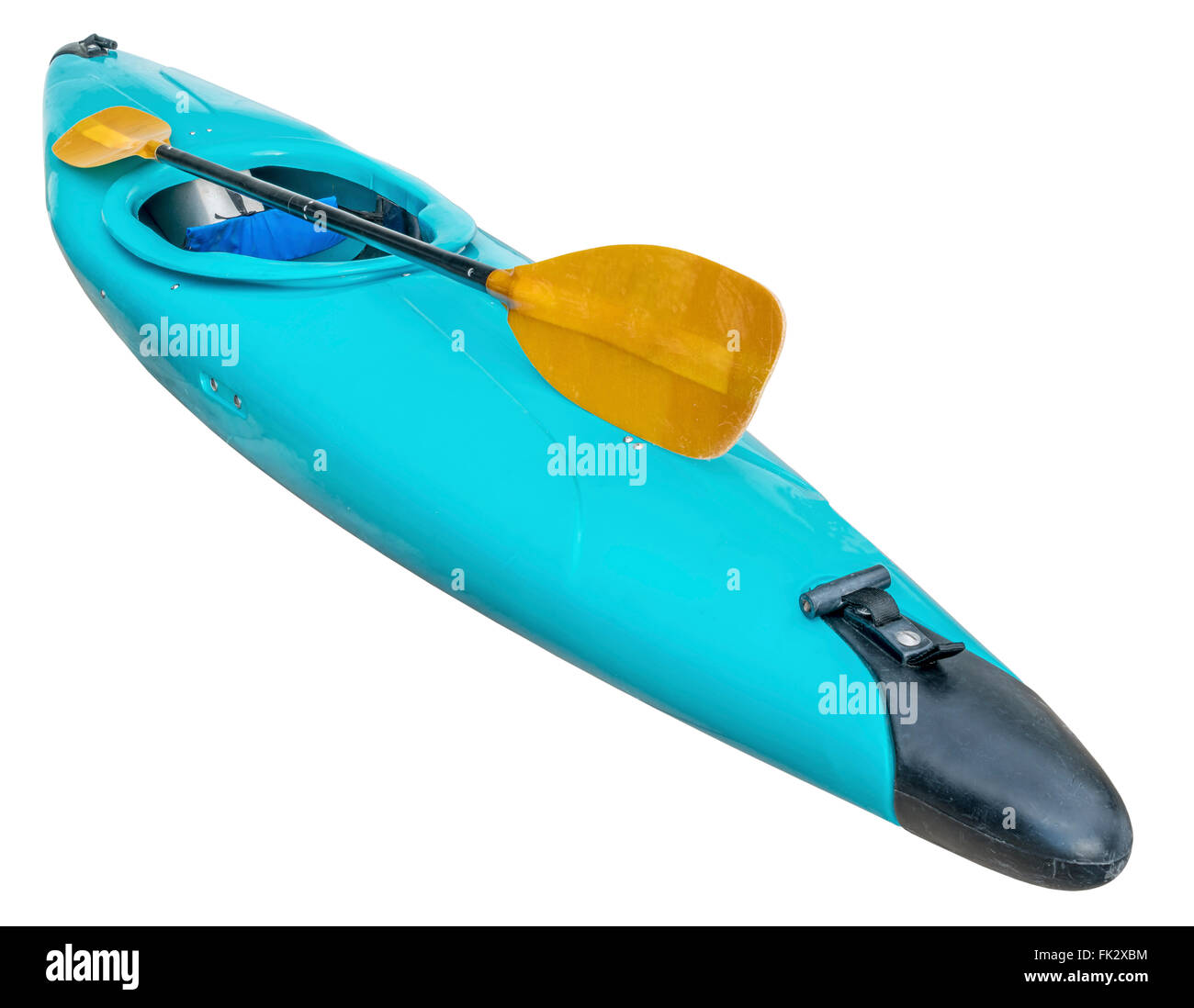 blue plastic old whitewater kayak with a paddle, isolated on white with