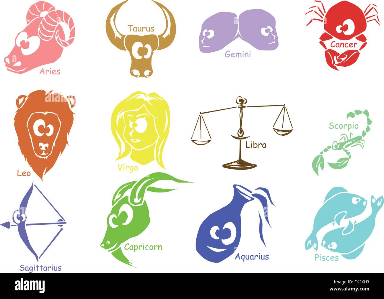 Set of astrological zodiac symbols - Horoscope signs - funny face expressions Stock Vector