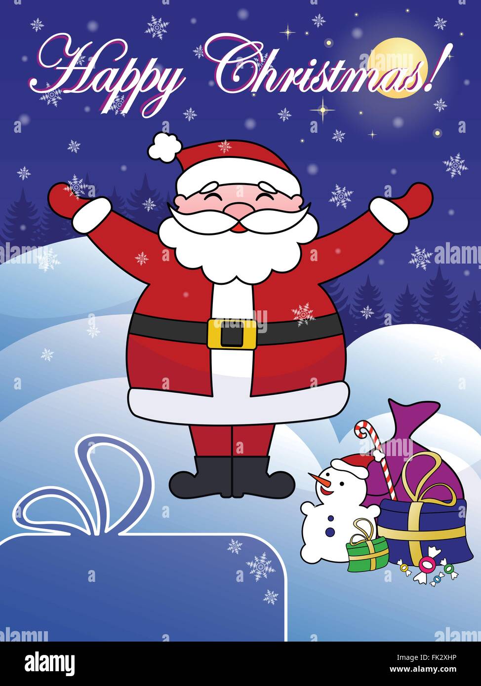 Happy Christmas greeting card with Santa Claus. Copy space in left bottom corner. Title in separate layer for easier editing. Stock Vector