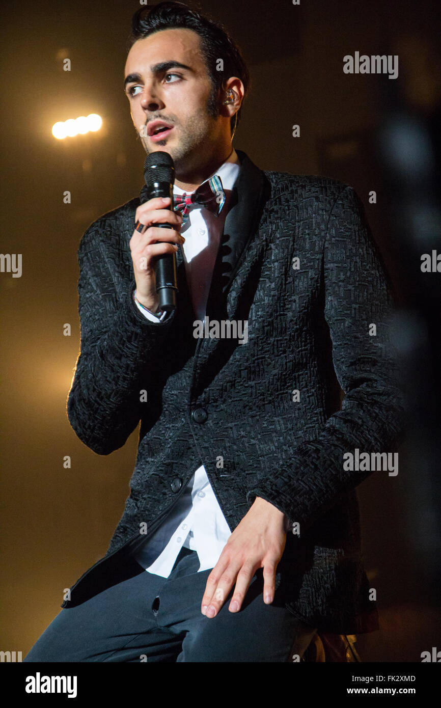 Milan Italy. 26th November 2011. The Italian singer/songwriter MARCO MENGONI performs live on stage at Mediolanum Forum during t Stock Photo