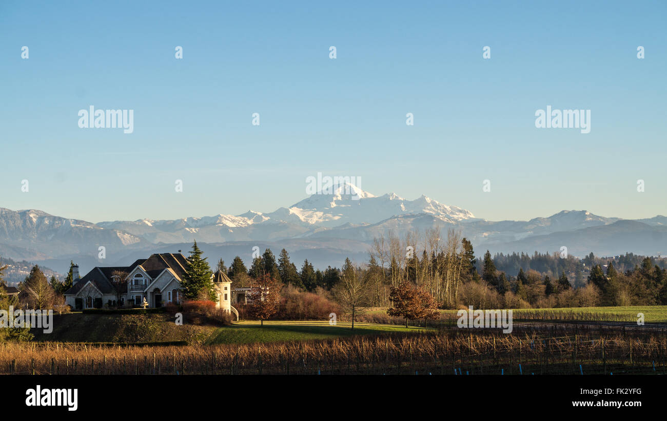 View of dormant volcano Mount Baker in Washington State from the Fraser