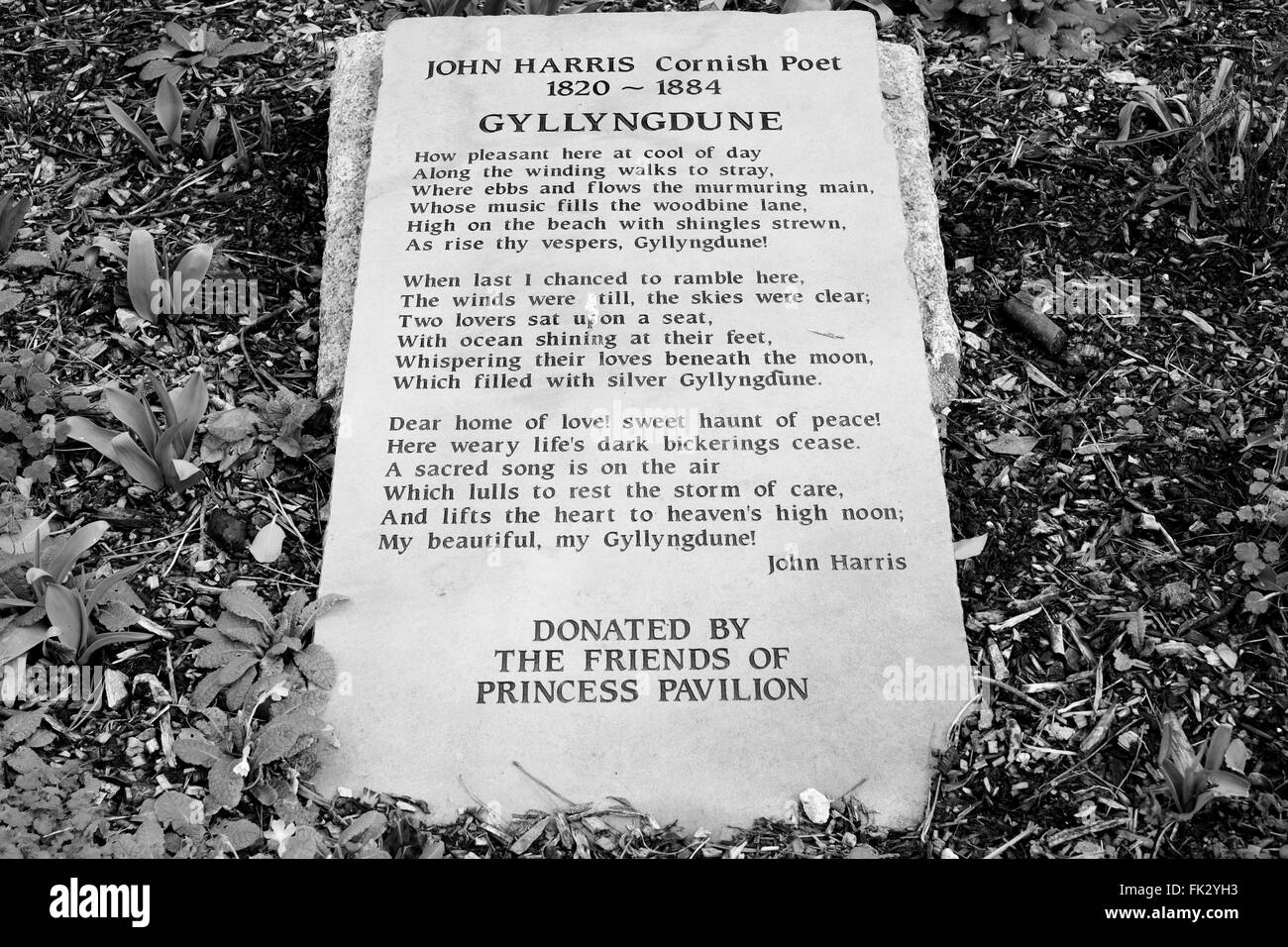 A tribute to Cornish poet John Harris 1820 - 1884 in the form of Gyllyngdune poem at Princess Pavillion, Falmouth, Cornwall Stock Photo