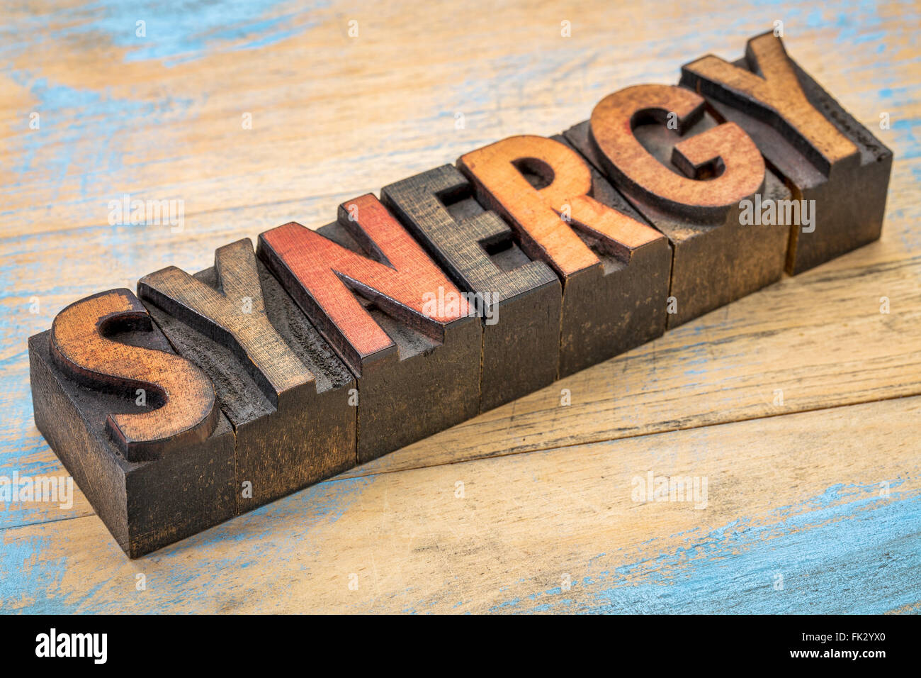 synergy word in vintage letterpress wood type printing blocks stained by color inks Stock Photo