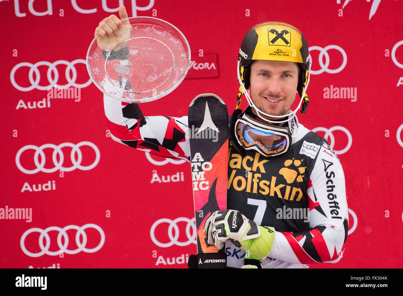 Marcel Hirscher of Austria on podium with trophy for overall firs place on  Vitranc Vup at the 55th Vitranc Cup Slalom in Kranjska Gora, Slovenia. Marcel  Hirscher of Austria wins 55th Vitranc