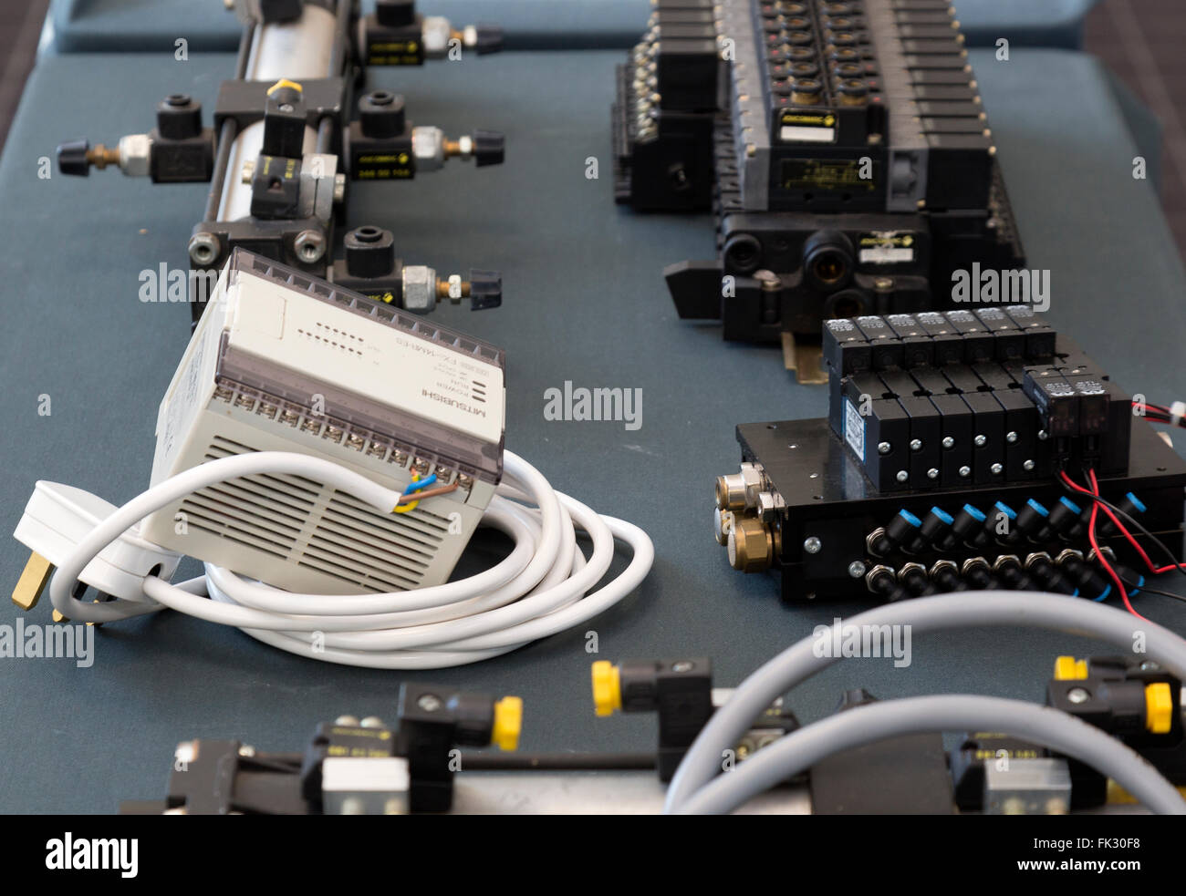 Electrical components, including switches in a  classroom. Stock Photo