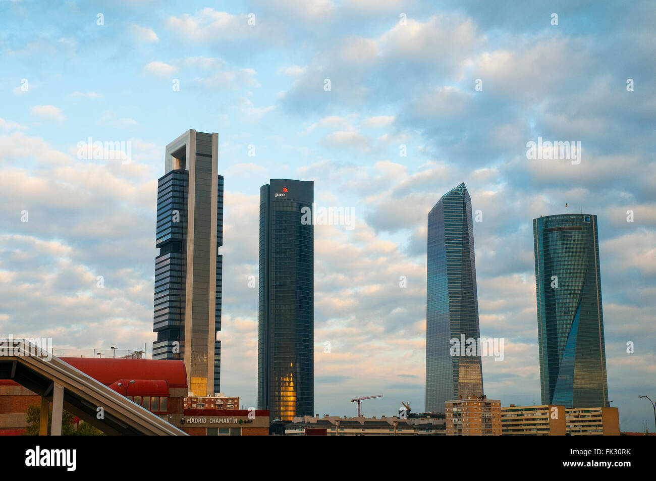 Four Towers from Chamartin Railway Station at dawn. Madrid, Spain. Stock Photo