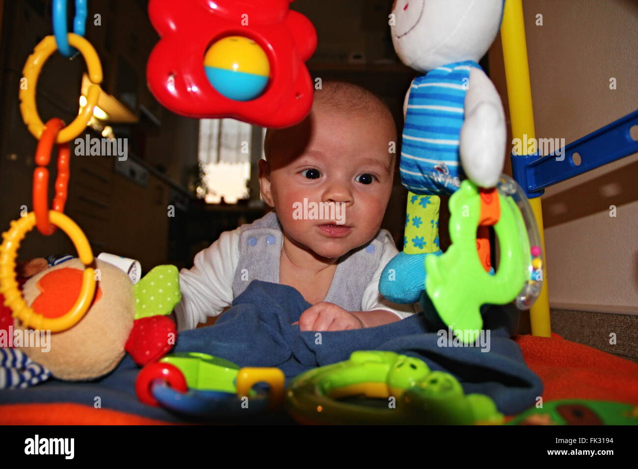 infant lying on his stomach and play with toys Stock Photo Alamy