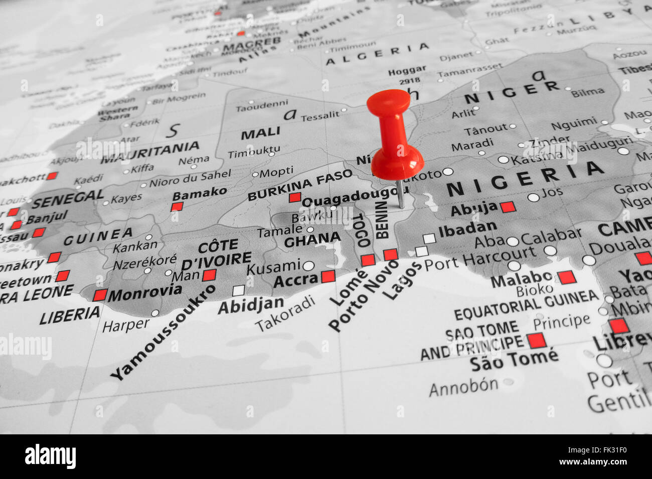 Red marker over Benin Stock Photo