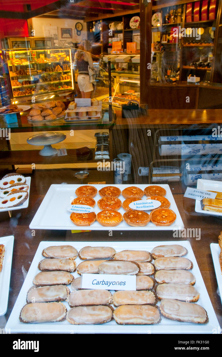 Shop window of a cake shop. Llanes, Asturias, Spain. Stock Photo