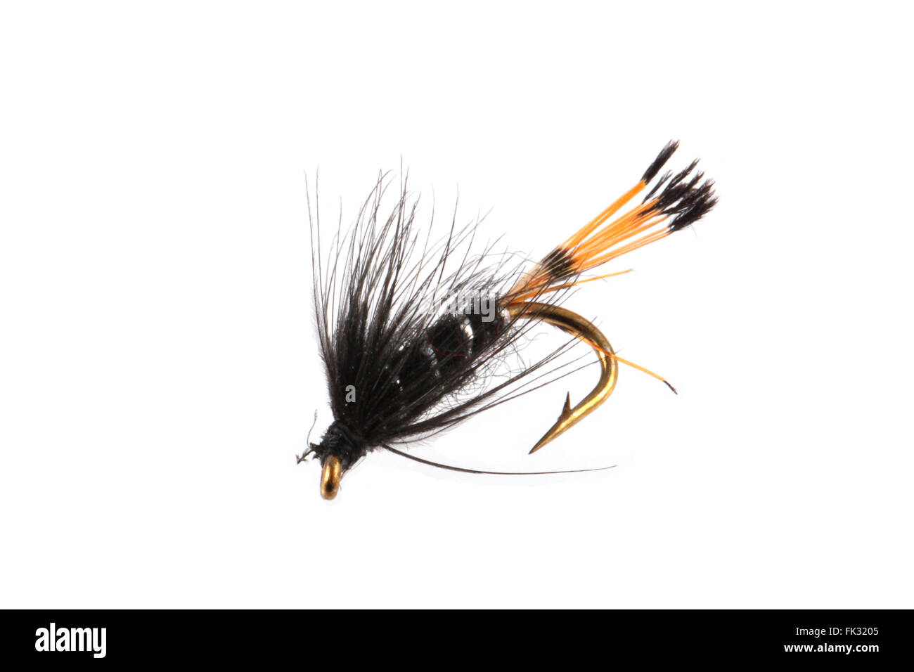Handmade flies used by fishermen to attract trout and salmon by game fishermen. Stock Photo