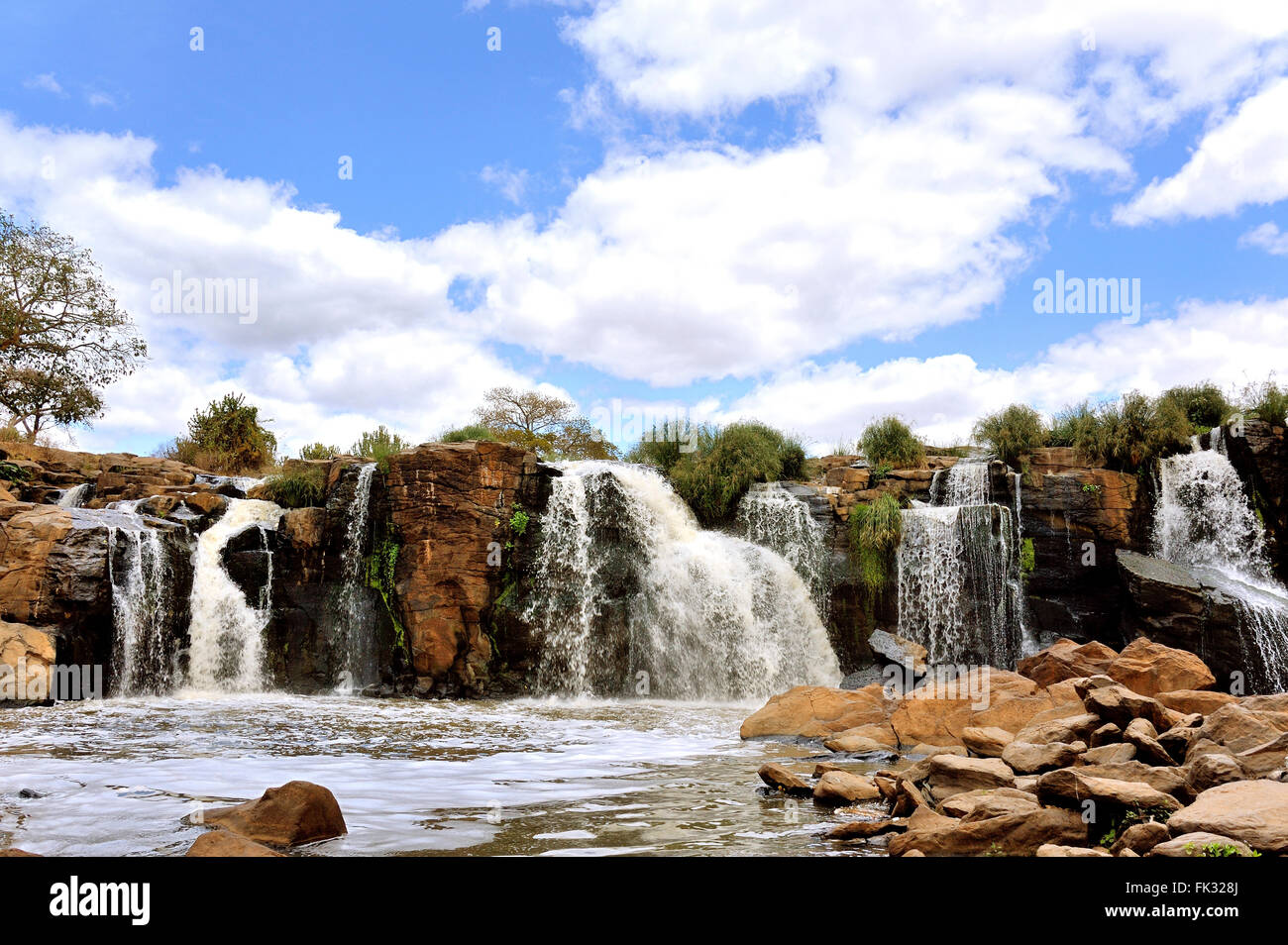 Fourteen Falls under blue Sky, Panorama View, Kenya Stock Photo
