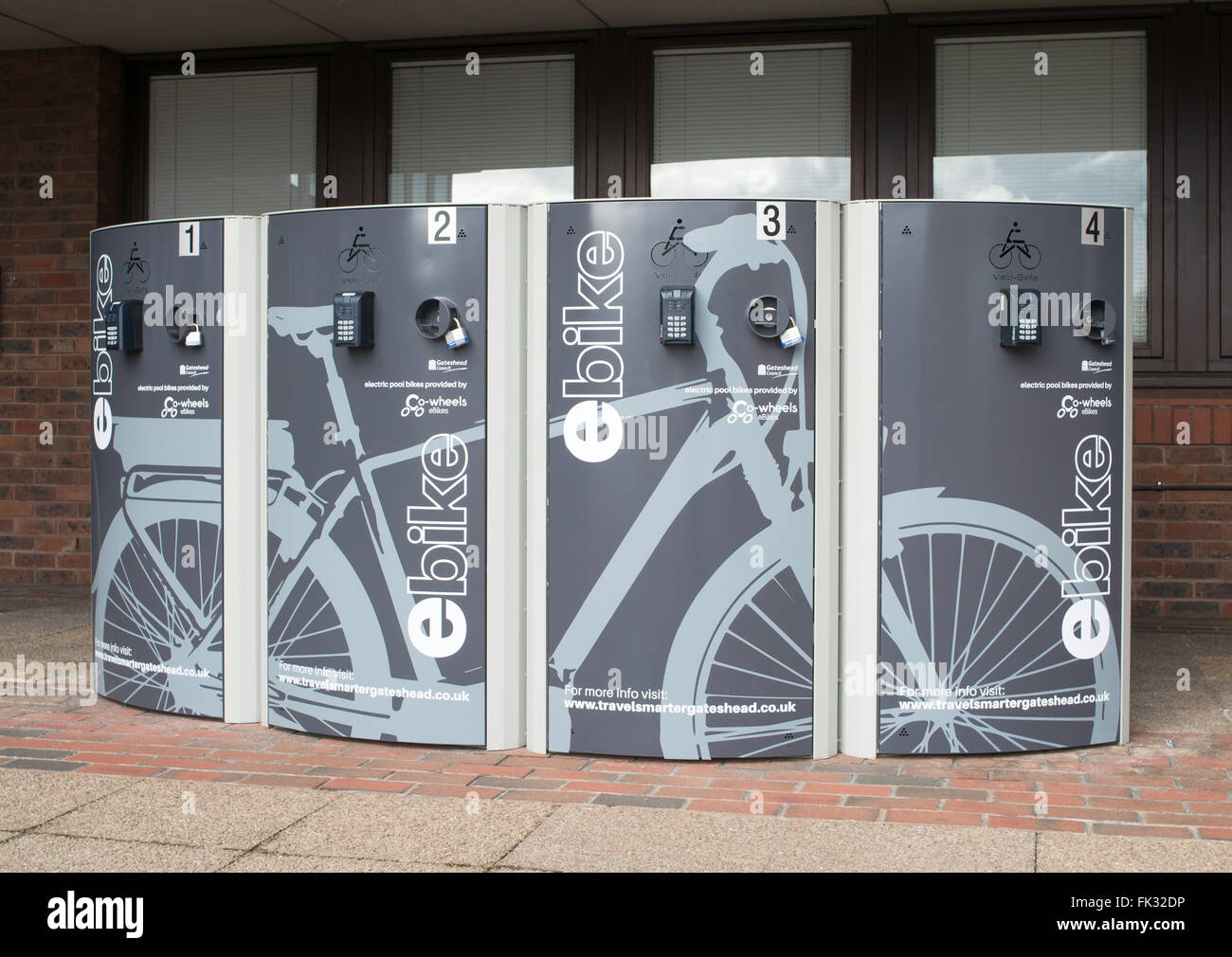 Co-wheels ebike electric hire bike lockers outside Gateshead Civic Centre, north east England, UK Stock Photo