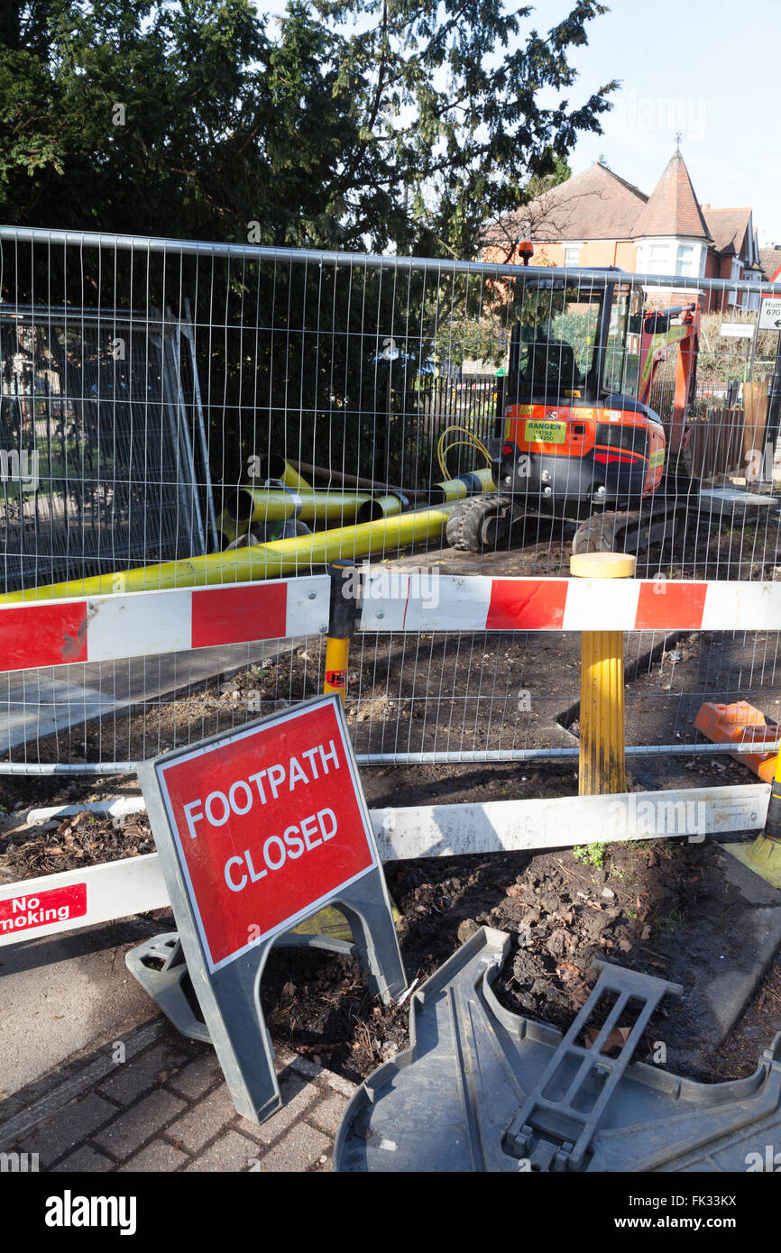 Footpath, or pavement closed due to roadworks, Ealing, London, UK Stock Photo
