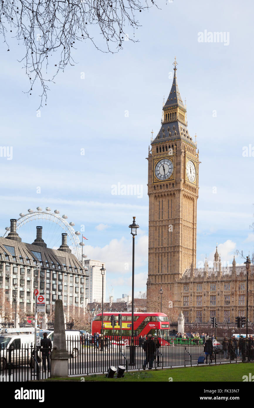 The Houses of Parliament and Big Ben seen from Parliament Square, London UK Stock Photo