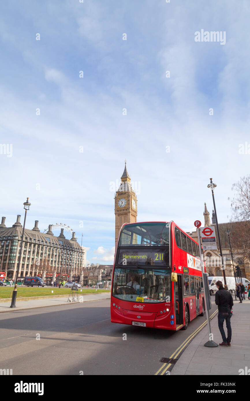 London bus at a bus stop,  Parliament Square, Central London, UK Stock Photo