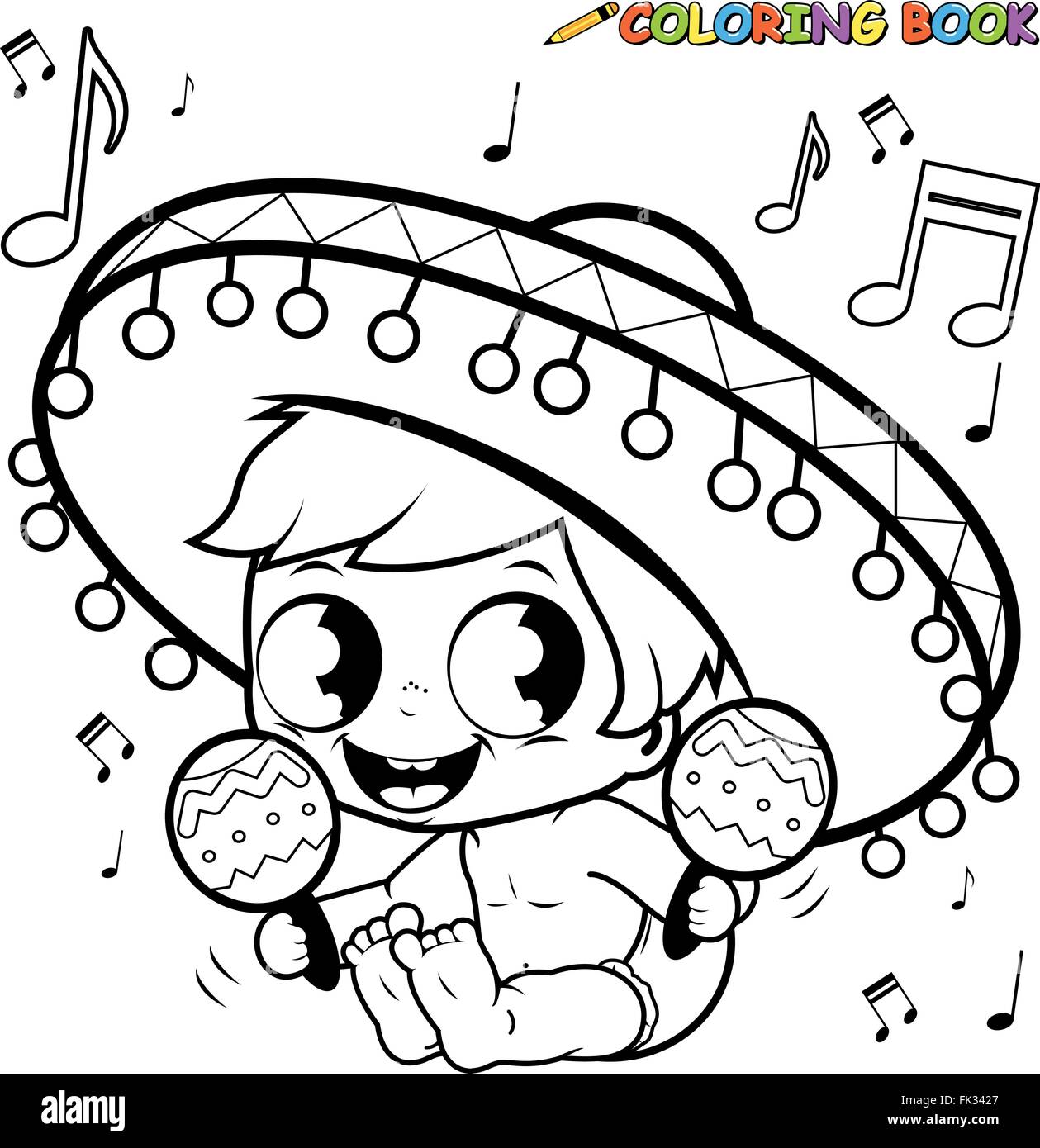 Mexican Cinco de Mayo baby shower party. Mariachi baby boy playing with the maracas. Vector black and white coloring page. Stock Vector