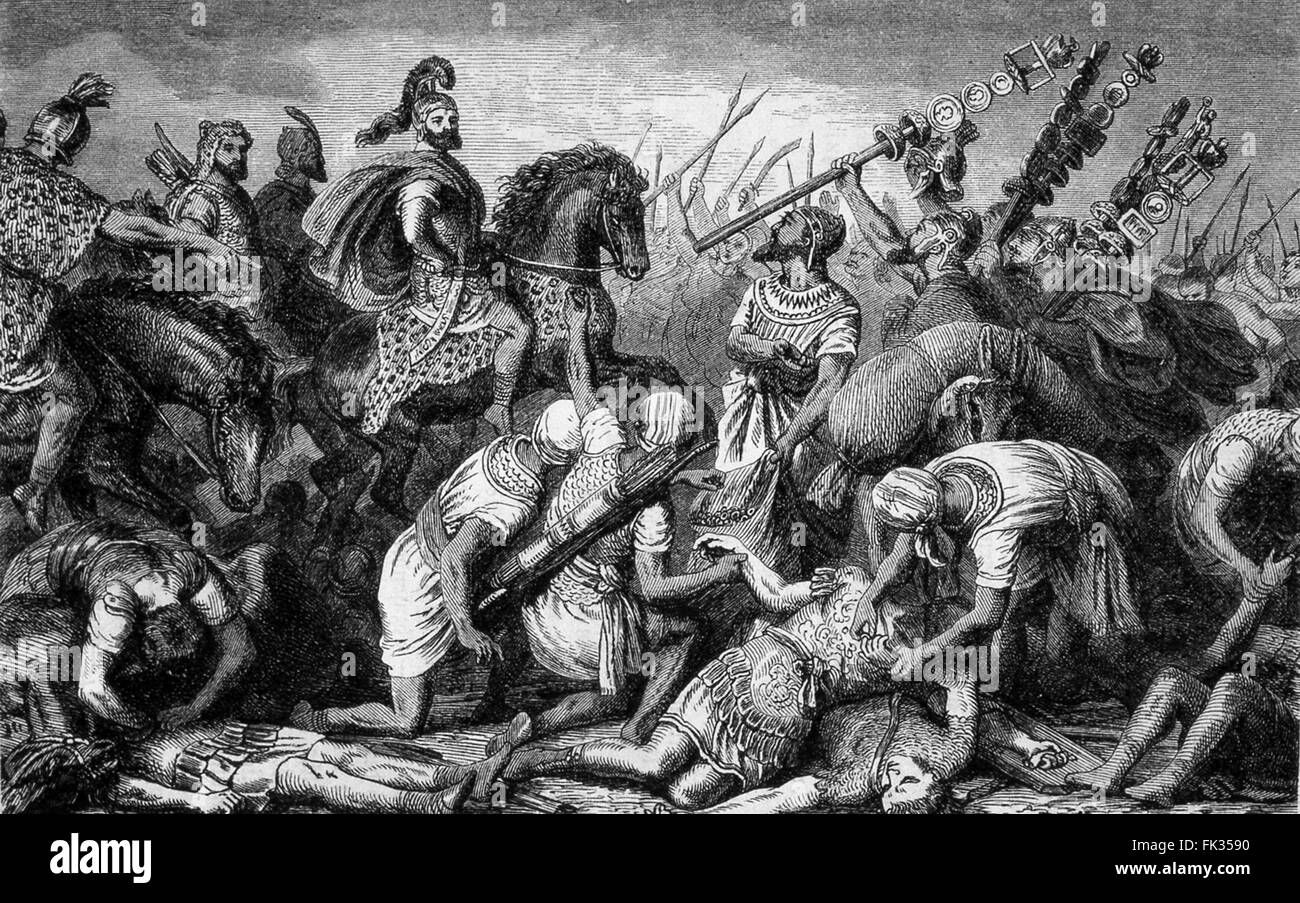 Engraving of Hannibal Barca at the battle of Cannaie in 216BC. Public domain image engraved by Wilhelm Wägner (1877). The Battle of Cannae is a major battle of the Second Punic War that took place on 2 August 216 BC in Apulia, in southeast Italy. Stock Photo