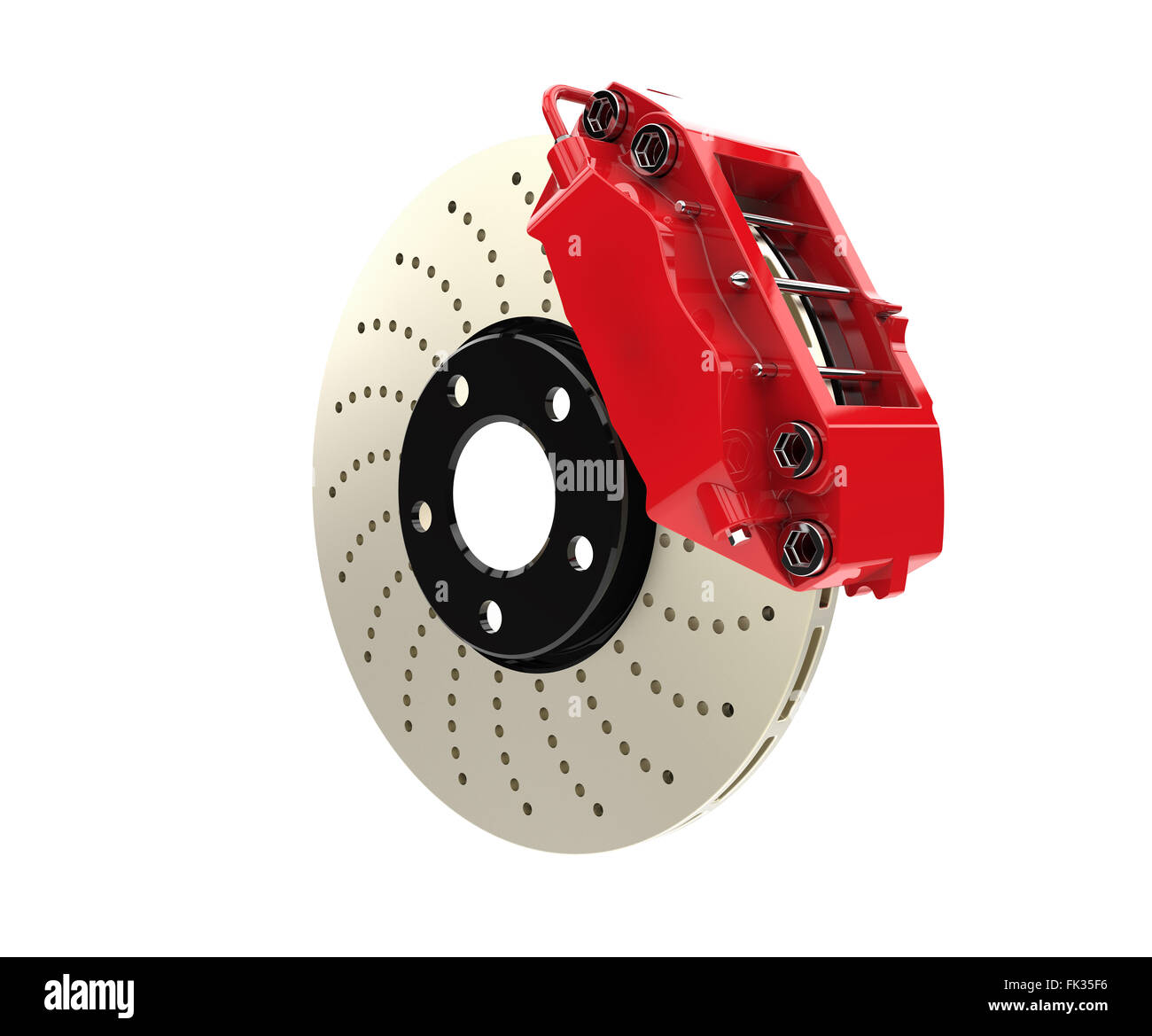 Brake disc and red caliper from a racing car isolated on white