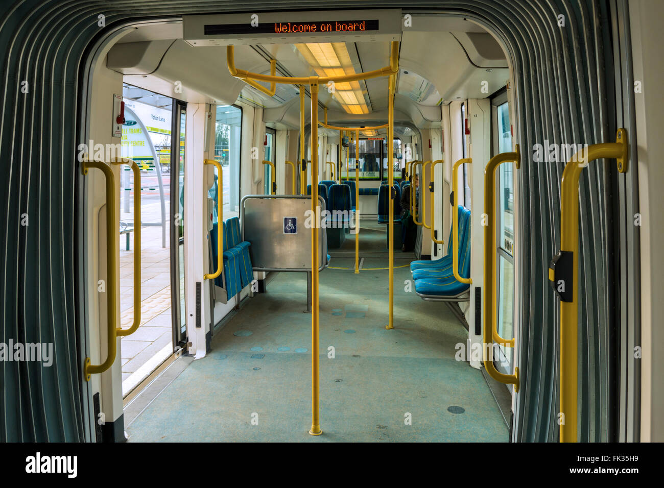 Interior of a Bombardier Incentro AT6/5 tram on the Nottingham Express Transit (NET) system, Nottingham, England, UK Stock Photo