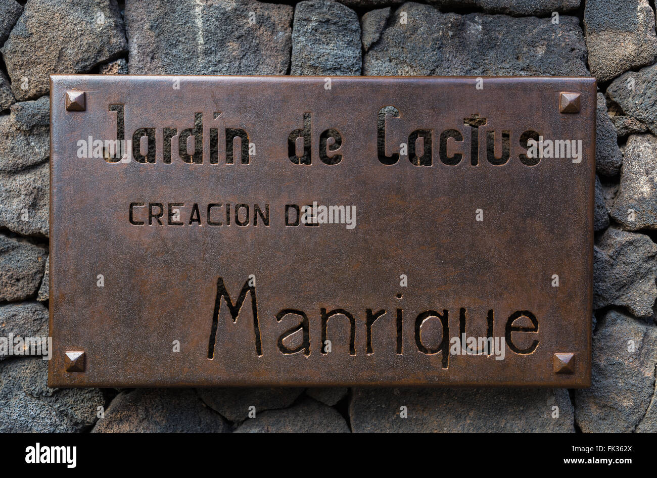 Metal sign at the at the entrance to the Lanzarote Cactus Garden. Designed by César Manrique. Stock Photo