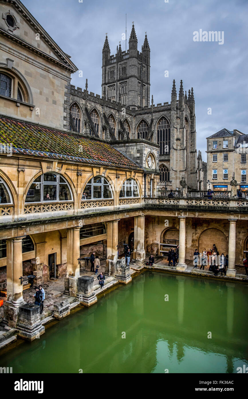 View of Bath Cathedral from the Great Roman Bath in Bath, Avon