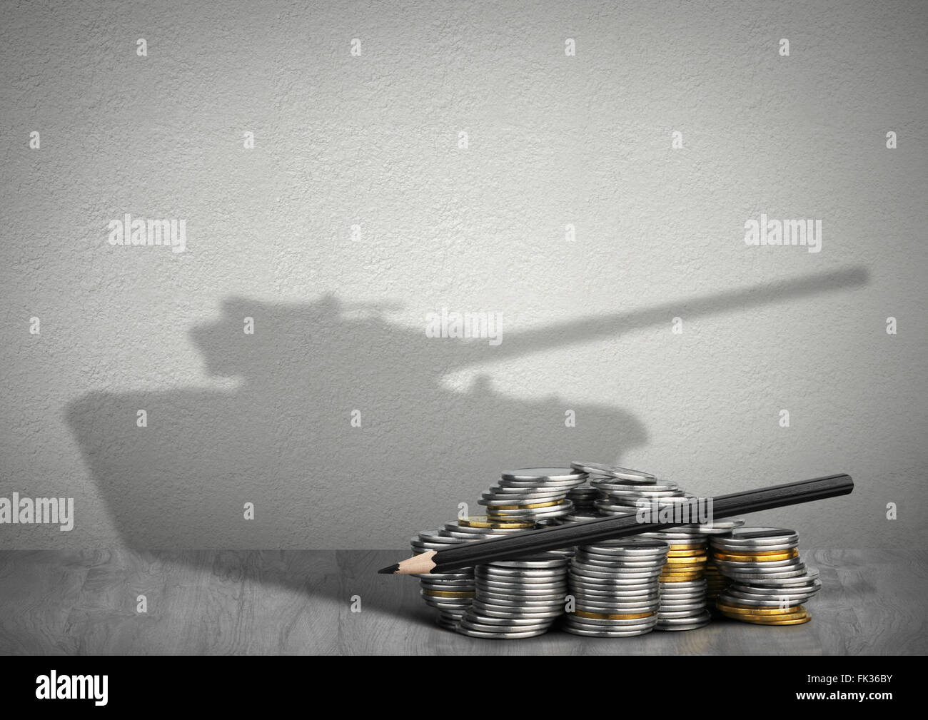 financing war concept, money with tank shadow Stock Photo