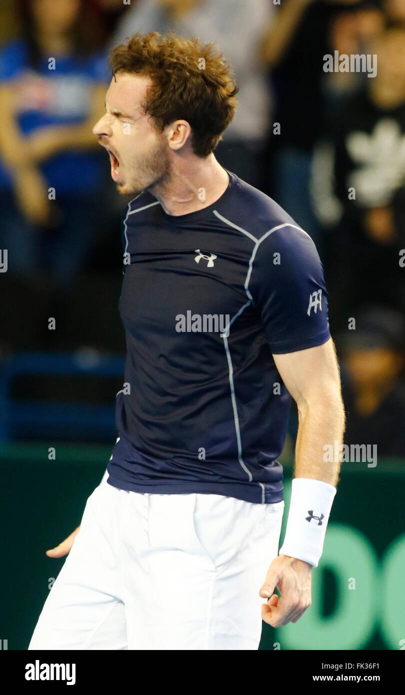 Barclaycard Arena, Birmingham, UK. 06th Mar, 2016. Davis Cup Tennis World Group First Round. Great Britain versus Japan. Great Britain's Andy Murray celebrates match point at the end of his singles match against Japan's Kei Nishikori on day 3 of the tie. Credit:  Action Plus Sports/Alamy Live News Stock Photo