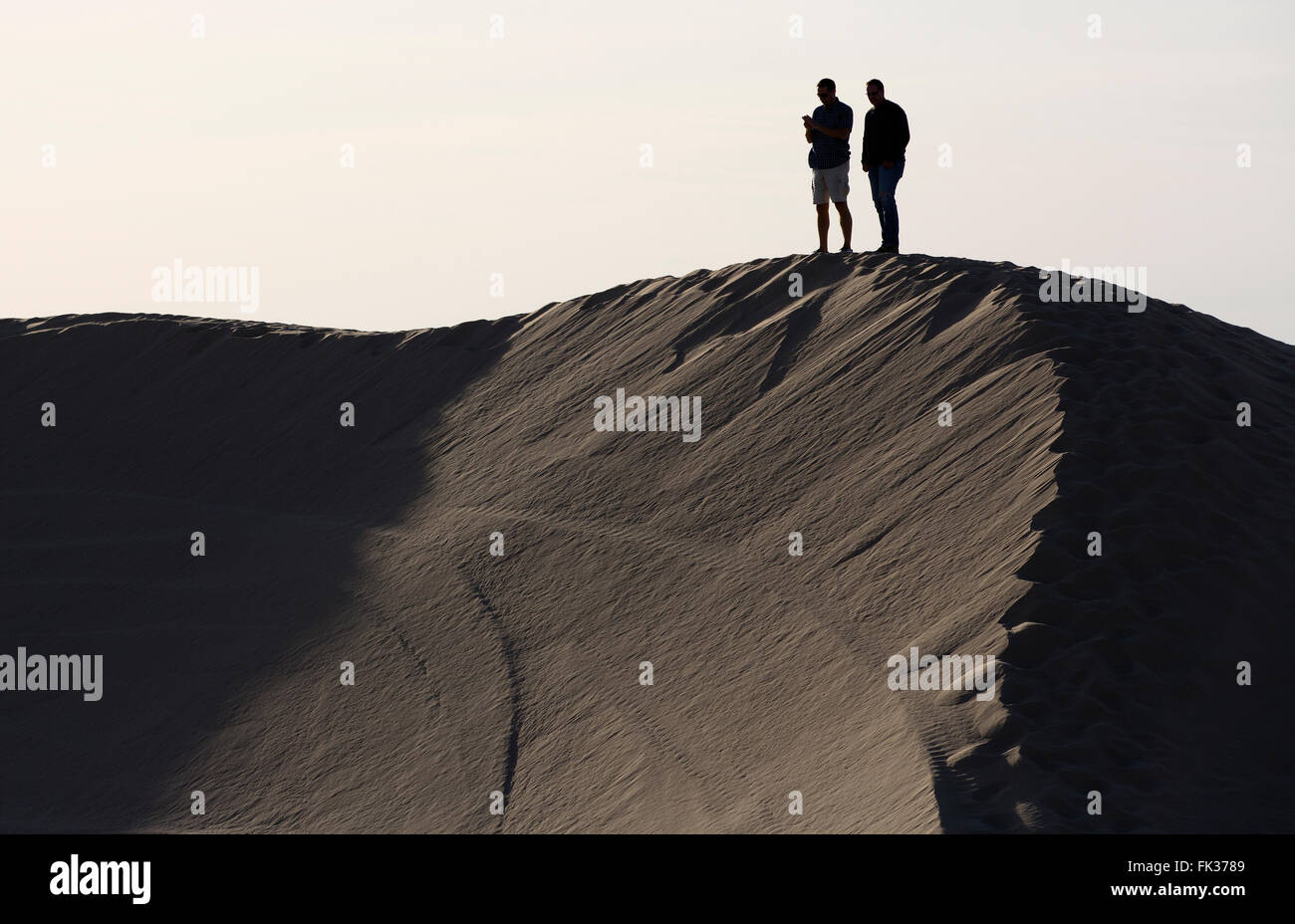 Two men in silhouette on a sand dune, Imperial Sand Dunes Recreation Area, California USA Stock Photo