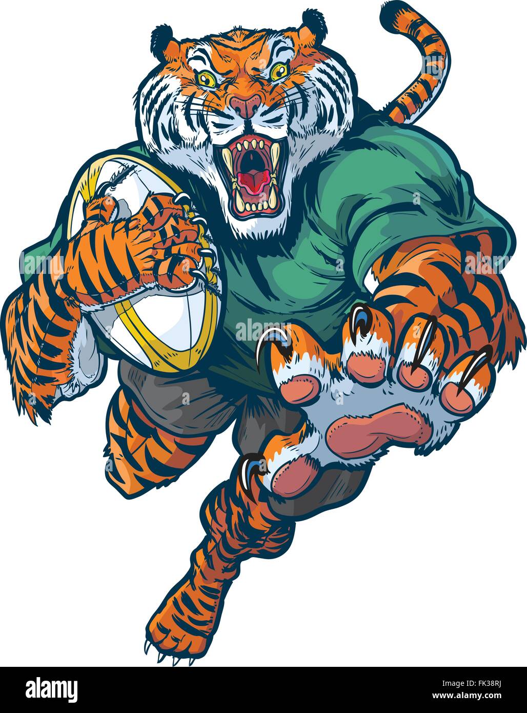 Vector cartoon clip art illustration of a tough mean tiger rugby mascot leaping or jumping forward with claws out. Stock Vector