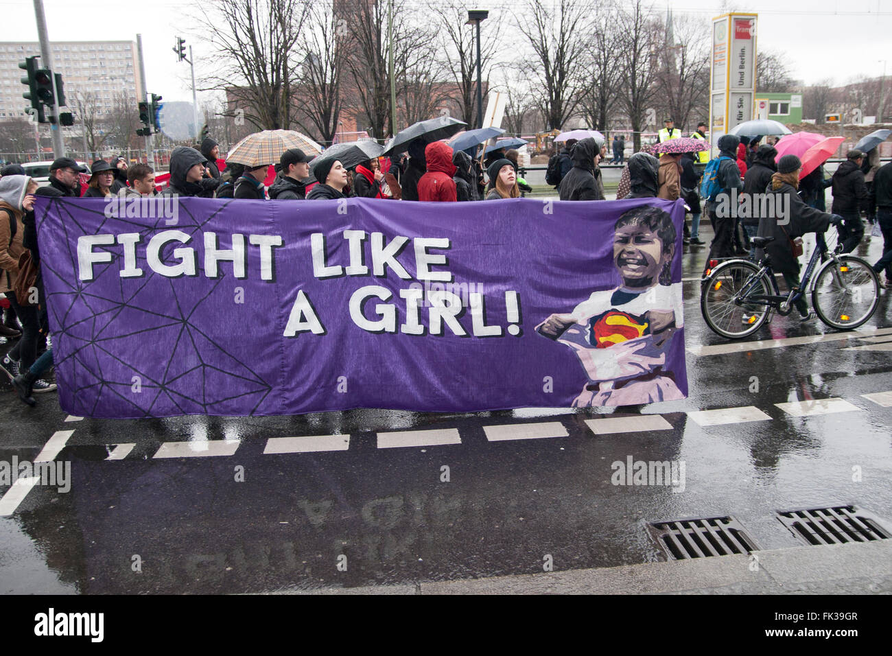 Demonstration in advance of World Women's Day in Berlin, Germany. Stock Photo