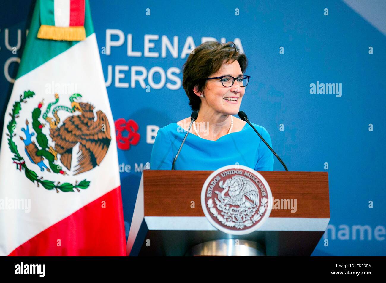 CEO of CITI Bank Latin America Jane Fraser, addresses the annual meeting of the Board of Directors of Banco Nacional de Mexico known as Banamex Bank at the Hyatt Hotel March 6, 2016 in Mexico City, Mexico. Banamex is owned by Citigroup. Stock Photo